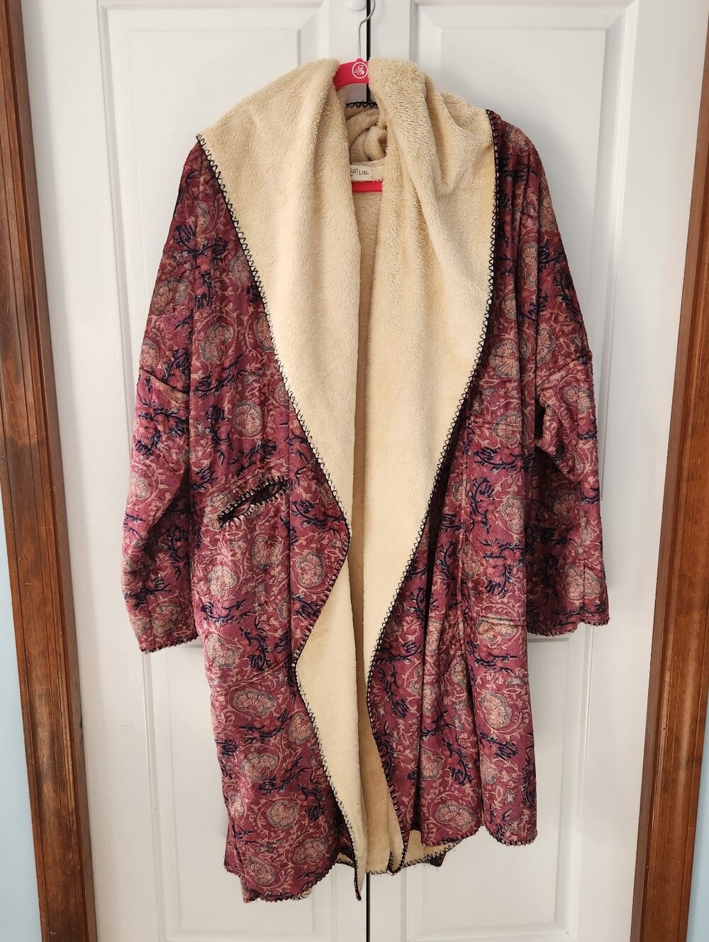 NATURAL LIFE Burgundy Paisley Plush-Lined Robe Pockets Hood L/XL